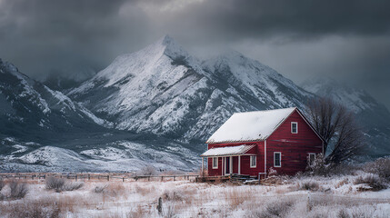 Snow Dusted Red Cabin Roof Against Cloudy Sky and Snowy Mountains