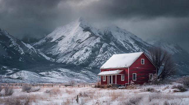 Snow Dusted Red Cabin Roof Against Cloudy Sky and Snowy Mountains