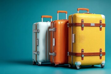 Three colorful suitcases are standing on a turquoise background, symbolizing the excitement and anticipation of upcoming summer travel adventures