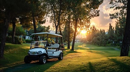 White golf cart parked near lush trees on a stunning golf course at sunset, creating a serene and inviting atmosphere perfect for enjoying a relaxing game in the golden hour