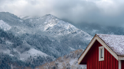 Snow Dusted Red Cabin Roof Against Cloudy Sky and Snowy Mountains