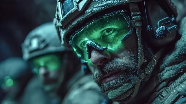 Close up of a soldier wearing night vision goggles and covered in snow, participating in a special military operation in extreme cold weather conditions