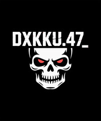 DXKKU.47_ Skull Design – Stylized Red-Eyed Skull with Sharp Teeth on Black Background for Edgy and Cryptic Merchandise