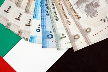 United Arab Emirates dirham currency money bills lies on flag. The concept of business and investment