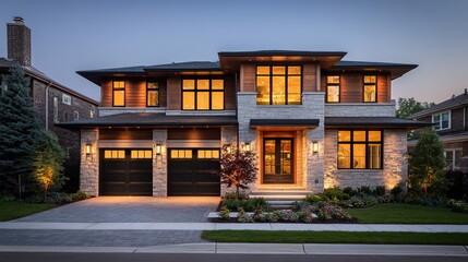 Fototapeta premium Contemporary suburban home at dusk, warm interior lights glowing through the windows.