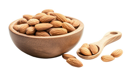 Almonds in a wooden bowl and spoon on transparent background
