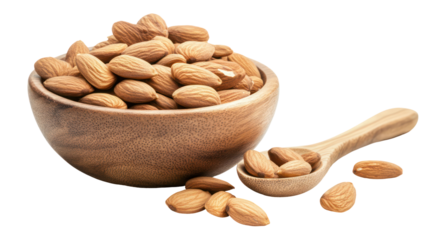 Almonds in a wooden bowl and spoon on transparent background