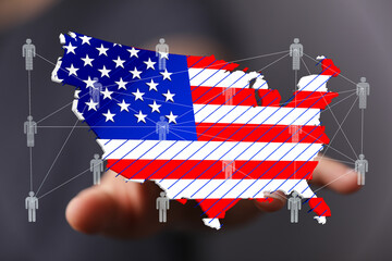 USA map showing connections between people. Network, communication, community.