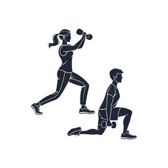 silhouettes of a man and woman exercising vector art