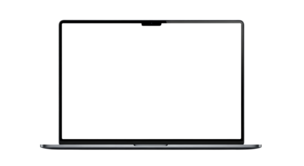 Front view of a modern gray laptop computer with a blank screen for mockup. Isolated on transparent background, png