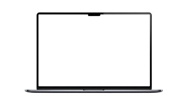 Front view of a modern gray laptop computer with a blank screen for mockup. Isolated on transparent background, png