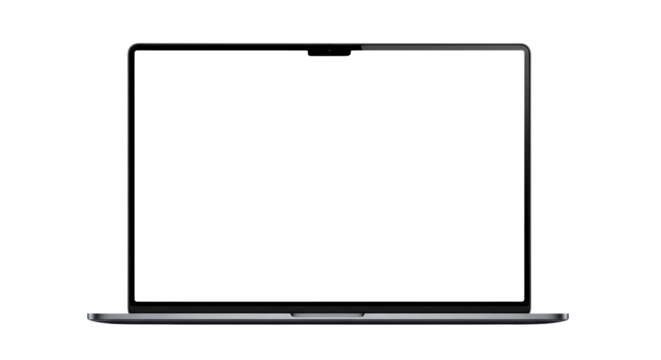 Front view of a modern gray laptop computer with a blank screen for mockup. Isolated on transparent background, png