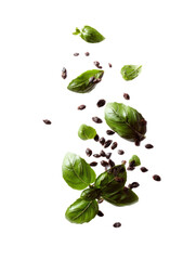 Basil seeds scattering and falling from above on transparent background