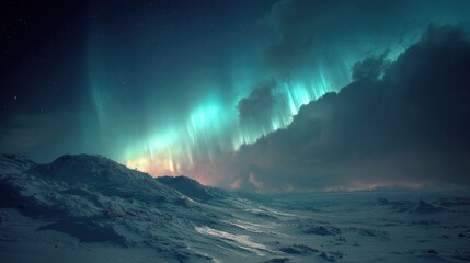 Naklejka premium Magical Northern Lights Illuminate a Winter Landscape in a Vast Arctic Region at Night