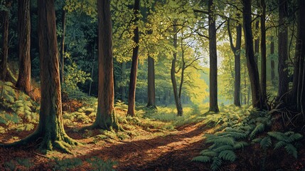 Naklejka premium Lush forest path bathed in sunlight, tall trees with textured bark frame a shaded trail through dense green ferns