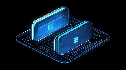 Two glowing, futuristic device displays hover above a digital circuit board, with vibrant neon blue outlines against black