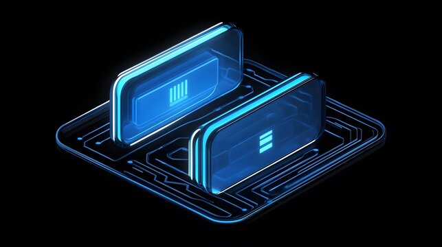 Two glowing, futuristic device displays hover above a digital circuit board, with vibrant neon blue outlines against black