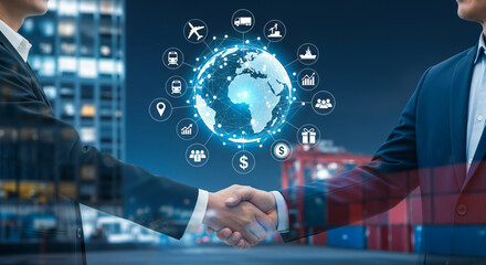 Global logistics and business collaboration are represented by a handshake between two businessmen, with a digital globe and various icons overlaid, showcasing a network of international trade, supply