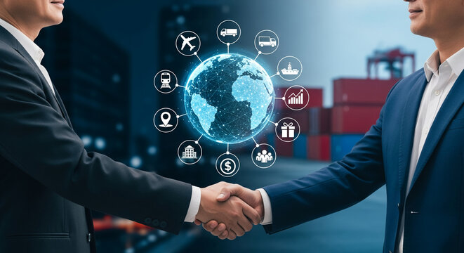 Global logistics and business collaboration are represented by a handshake between two businessmen, with a digital globe and various icons overlaid, showcasing a network of international trade, supply