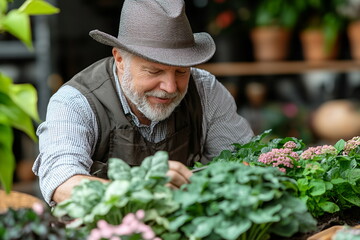 Gardener tending to vibrant plants in a cozy greenhouse filled with lush greenery and colorful blossoms