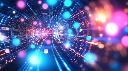 Obraz premium AI interface with mirrored neural lines and floating data particles in a digital tunnel. Transparent overlays of machine logic patterns. symmetrical AI, mirrored neural, floating particles, 