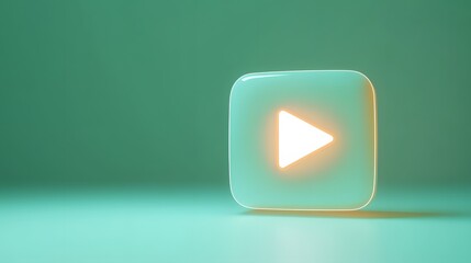 A glossy, aquamarine cube featuring a glowing orange-edged play button stands against a matching teal backdrop. Minimalist design with soft lighting