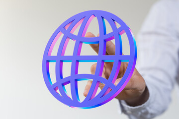 Abstract image of a hand holding a vibrant 3D globe icon, symbolizing global connectivity and networking.