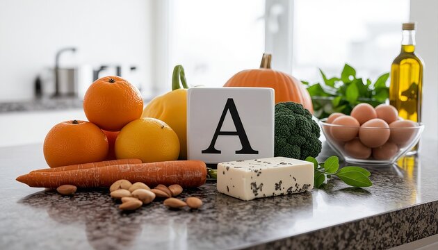 a still life arrangement of nutritious foods including citrus fruits, root vegetables, eggs, and a mug with the letter "a" displayed on a polished countertop. - Powered by Adobe