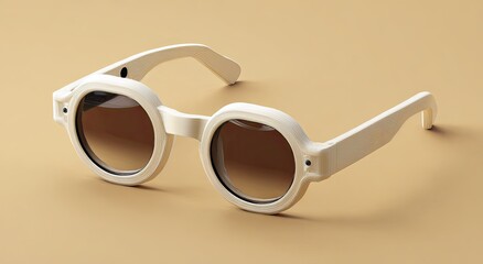 Off-white round sunglasses, angled, on a muted beige surface