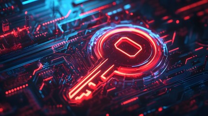 Glowing digital key superimposed on a circuit board, red and blue lighting create an abstract representation of cyber security