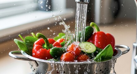 Vibrant Garden Vegetables Cleansed by a Gushing Faucet with a Dynamic Splash