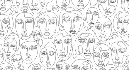 Abstract line art faces pattern a repeating montage of expressive minimalist portraits in black and white