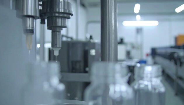 Close-up of automated filling machine dispensing into clear bottles within a sterile production facility