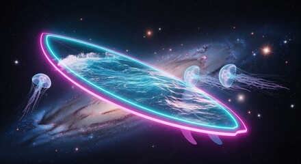 Neon surfboard with an ocean wave floating in space with jellyfish