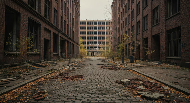 Abandoned industrial building with brick walls and an overgrown courtyard - Powered by Adobe