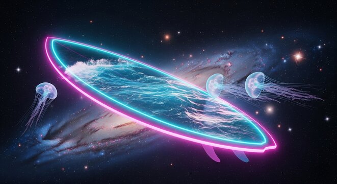 Neon surfboard with an ocean wave floating in space with jellyfish - Powered by Adobe