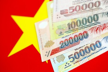 Vietnamese dong currency money bills lies on flag. The concept of business and investment
