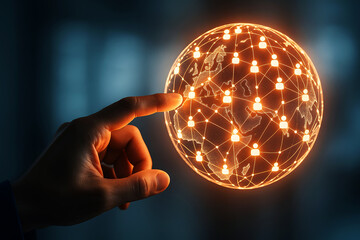 Hand touching a glowing digital network sphere with interconnected people icons