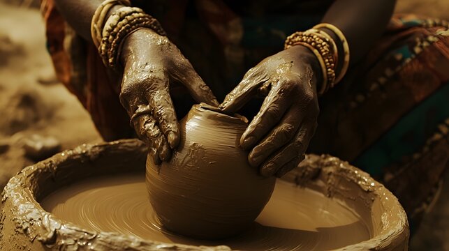 Close-up of hands shaping clay pot on a wheel, wearing gold bangles, against a blurred earthy background - Powered by Adobe