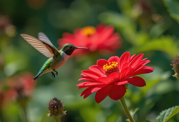 Naklejka premium A hummingbird hovering near a vibrant red flower in a lush green garden