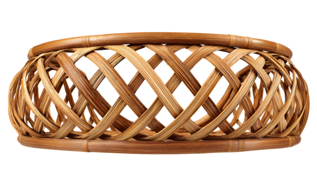Handwoven rattan basket with intricate lattice pattern isolated on transparent background - Powered by Adobe