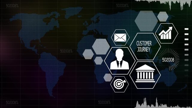 Futuristic digital presentation depicting customer journey and global business goals. Data Insights and Analysis Techniques for Business Growth. Asymptotic smart data analytic.4k video