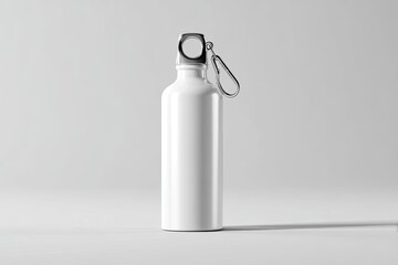 Blank white aluminum water bottle with silver cap and carabiner