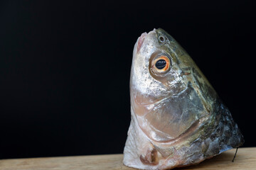 Fresh slice Rohu fish head isolated on white background.