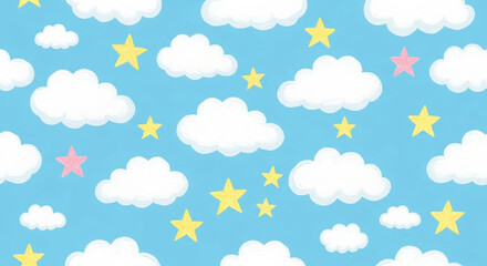 Whimsical sky pattern fluffy white clouds and twinkling yellow stars on a soft blue background perfect for children s designs