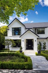 Fototapeta premium A contemporary home exterior featuring a beautifully manicured garden, set against a backdrop of a bright blue sky in a peaceful suburban neighborhood during the daytime