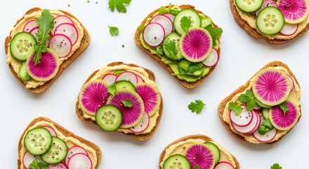 Colorful Radish and Cucumber Toasts A Vibrant Vegan Delight with Fresh Greens and Creamy Hummus on Toasted Bread
