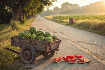 Watermelons in Wooden Cart and Slices on Road