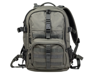 Olive drab tactical backpack with multiple compartments and adjustable straps for outdoor adventures and military operations, offering durability and functionality on transparent background
