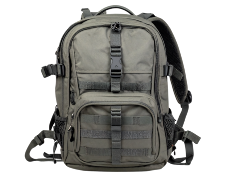 Olive drab tactical backpack with multiple compartments and adjustable straps for outdoor adventures and military operations, offering durability and functionality on transparent background